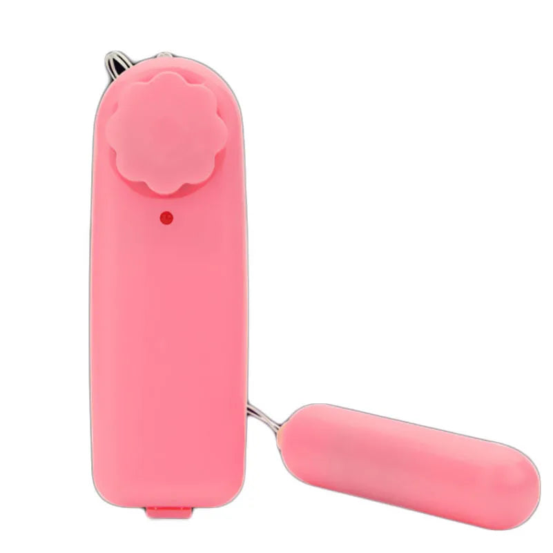 Pink handheld remote control with connected vibrating bullet on white background