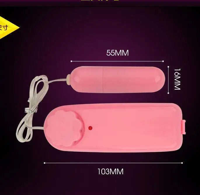 Pink wired remote control and cylindrical device measuring 55mm by 16mm against black background