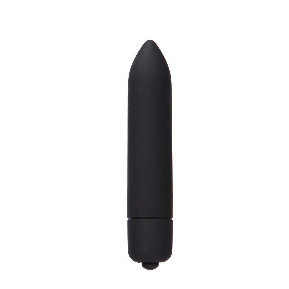 Black bullet vibrator sex toy with smooth, tapered design on white background
