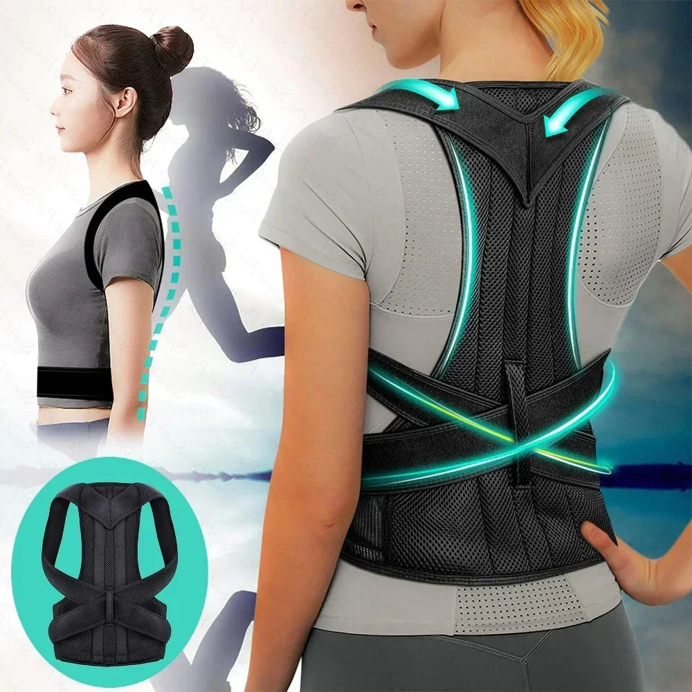 Black posture corrector brace worn on back with adjustable straps and support arrows