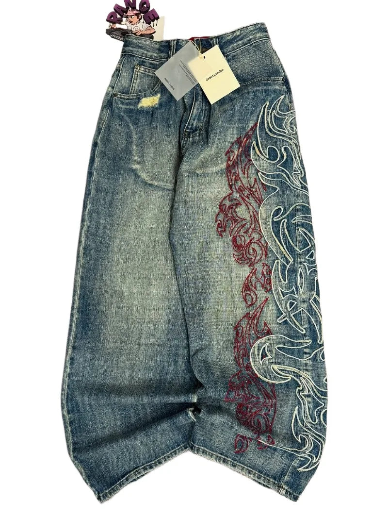 Y2K American Embroidery Baggy Jeans - High Street Hip Hop Wide Leg Pants for Men