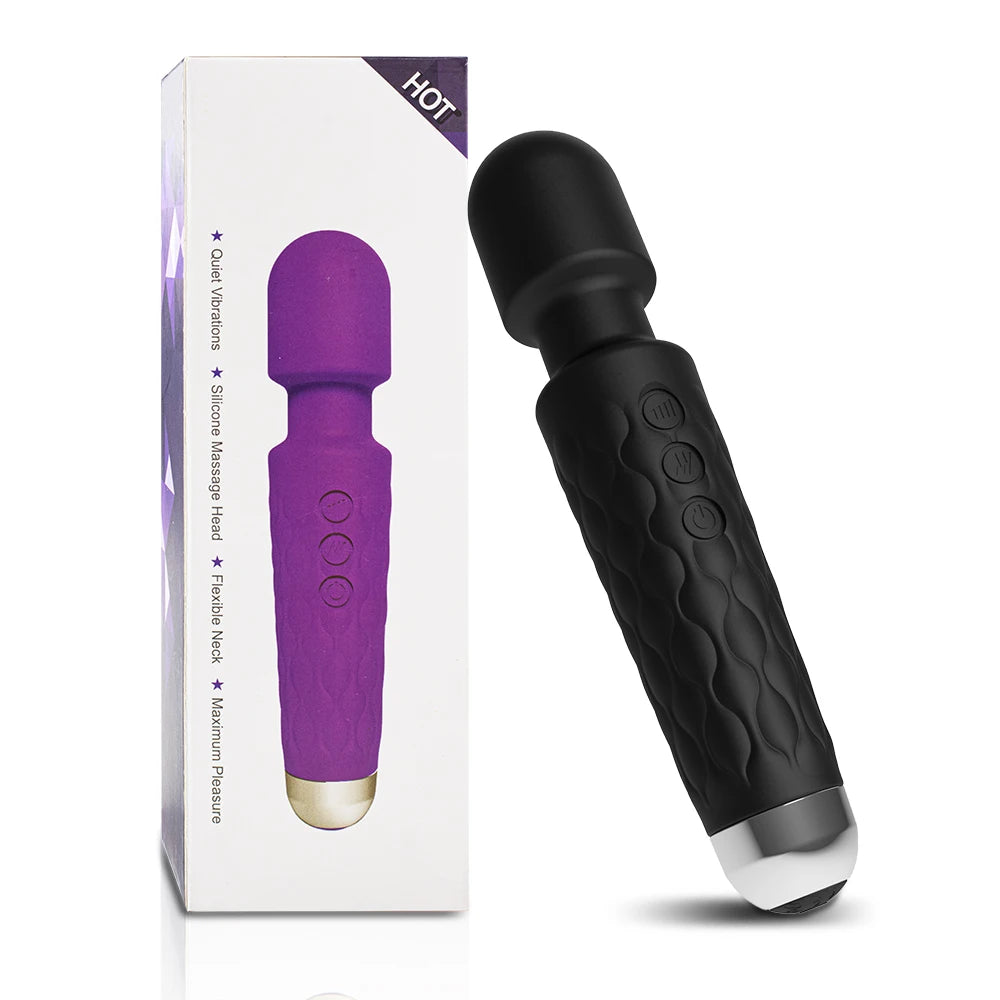 Black cordless silicone massage wand with textured handle and control buttons next to purple wand in packaging