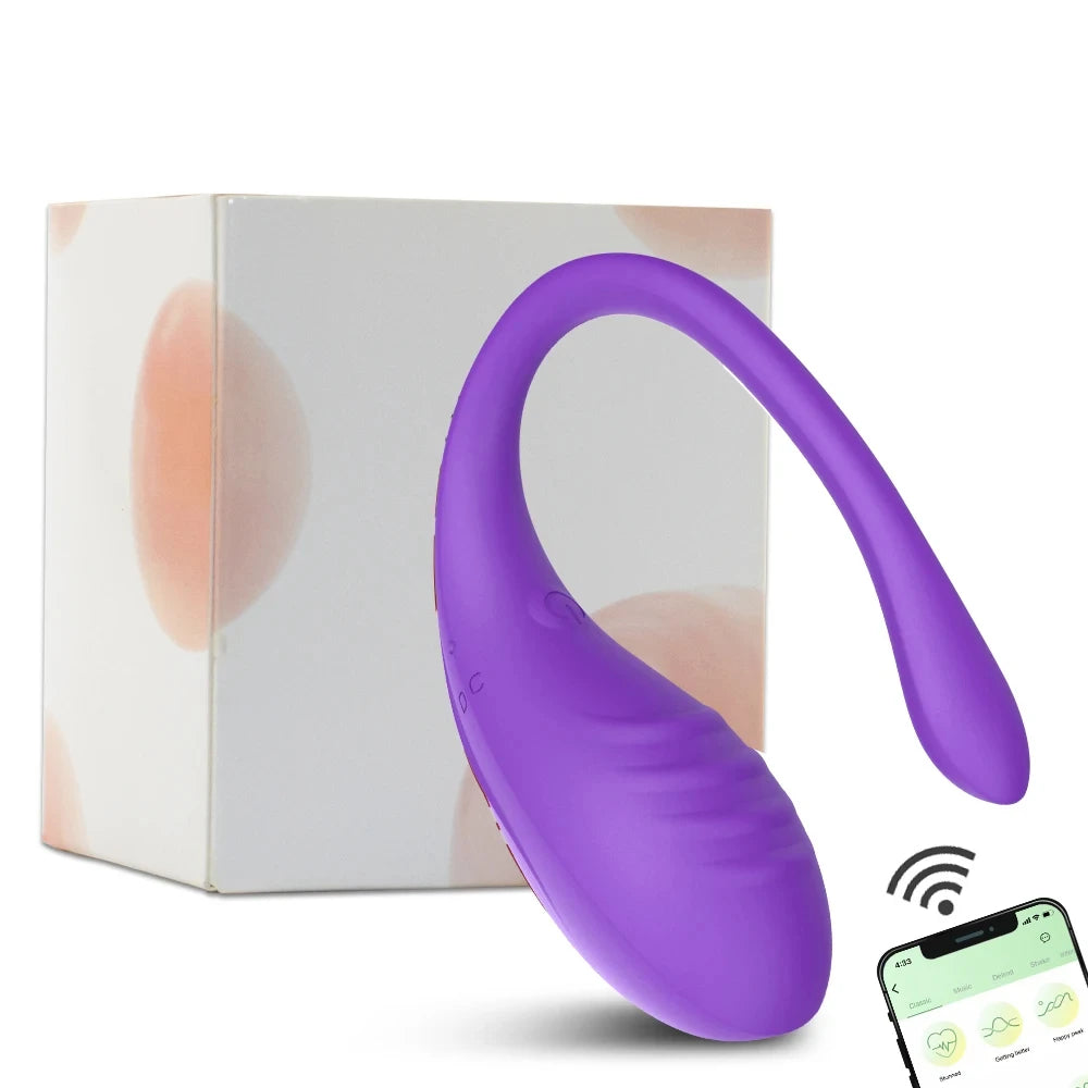 Purple wireless wearable vibrator with app control displayed on smartphone screen