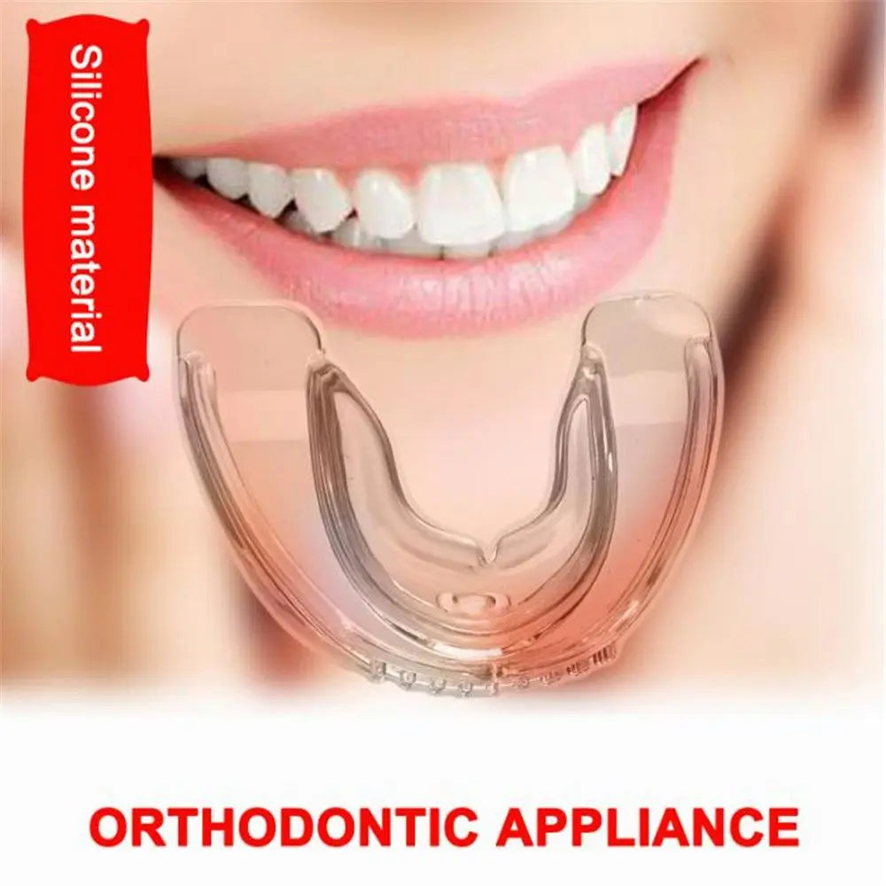 Close-up of smiling mouth with white teeth and transparent silicone orthodontic appliance