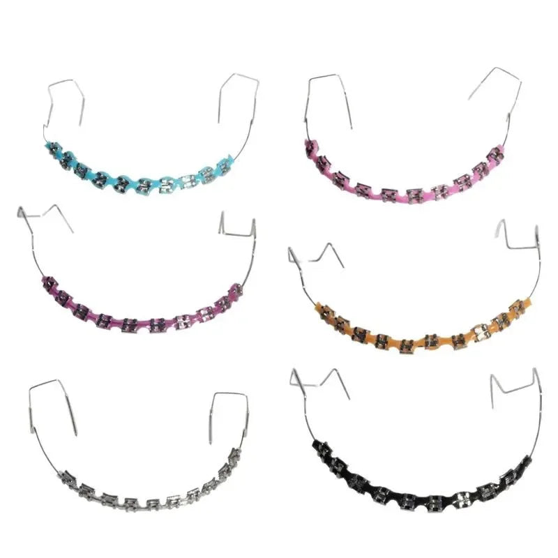 Six colorful dental braces with metal brackets in blue, pink, purple, orange, silver, and black on white background