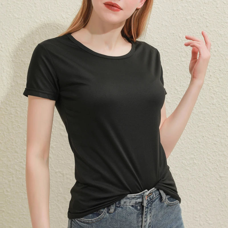 2025 Women's Short Sleeve T-Shirt - Casual Round Neck Solid Color Blouse
