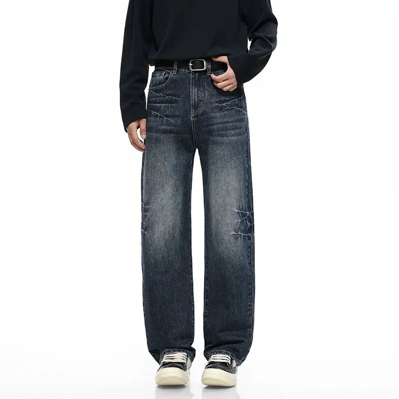 Men's Y2K Elastic Straight Leg Denim Pants - Korean Fashion Baggy High Street Jeans