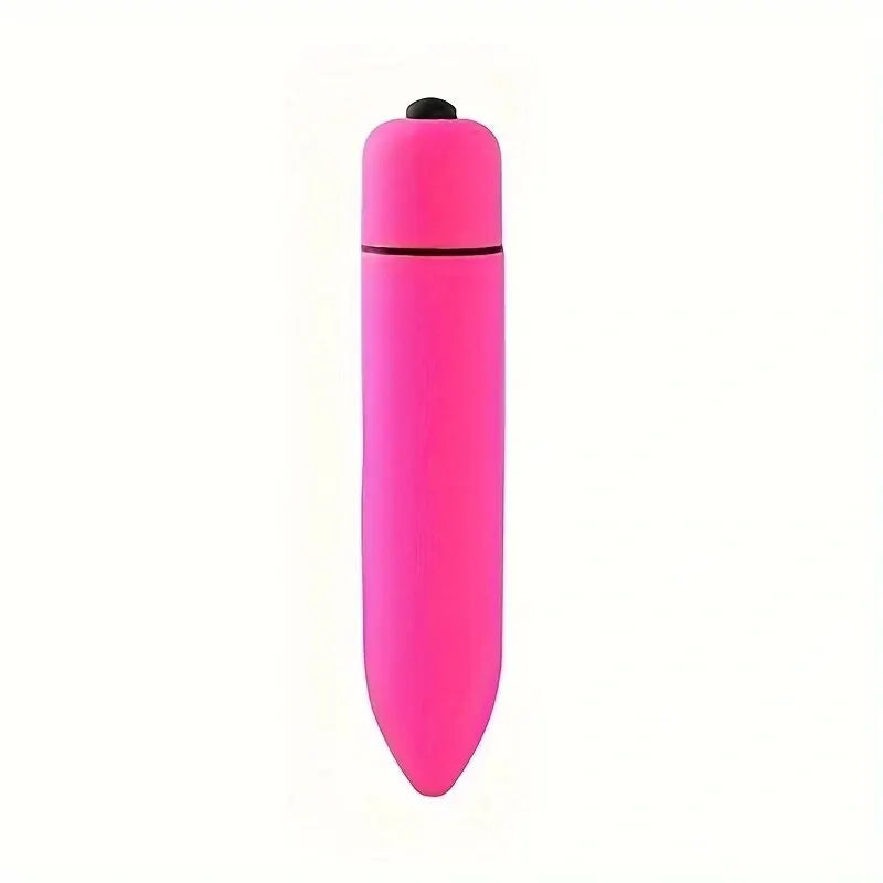 small pink personal vibrator with rounded tip and black button on white background