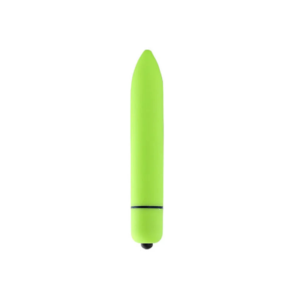 Small lime green bullet vibrator with rounded tip and black end button on white background