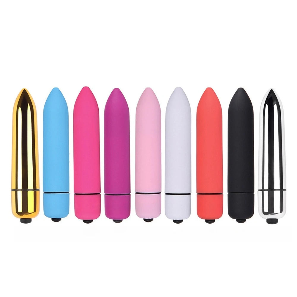 Set of nine colorful bullet vibrators in blue, pink, purple, red, black, gold, and silver colors