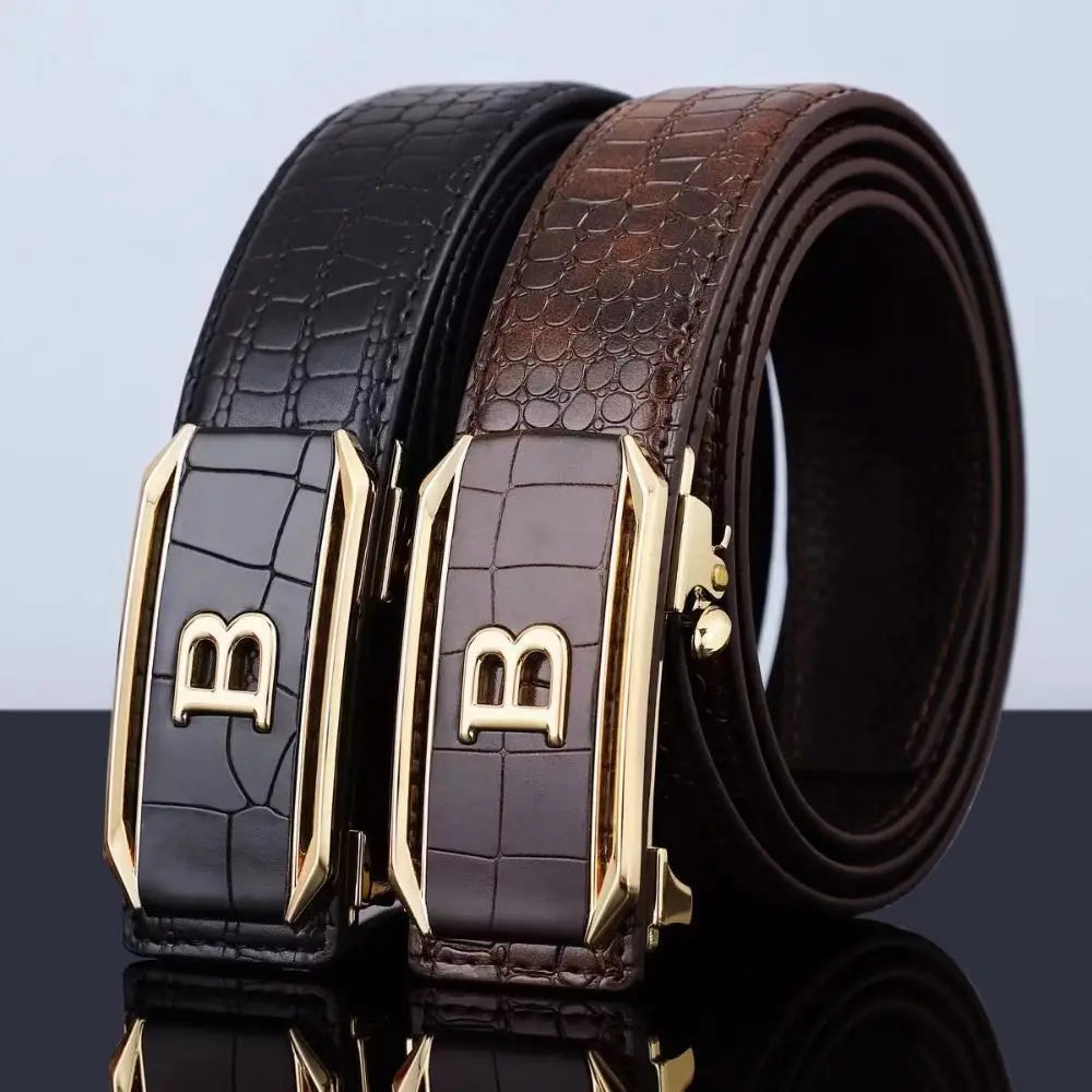 Luxury Automatic Buckle Leather Belt - Black Coffee Business Crocodile Pattern