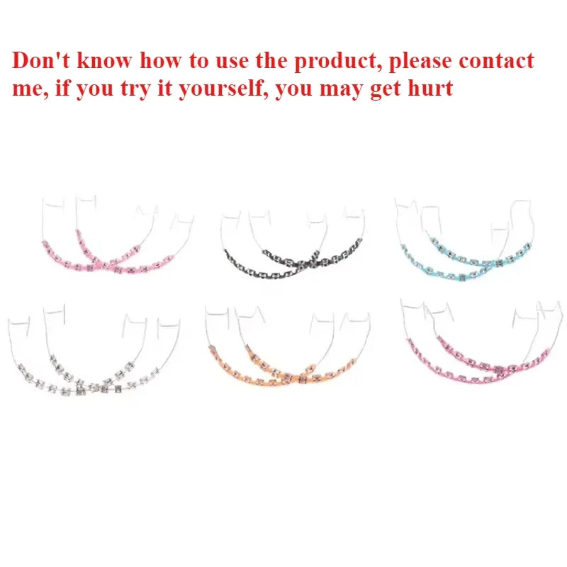 Set of six colorful beaded chain accessories with metal hooks on white background and warning text
