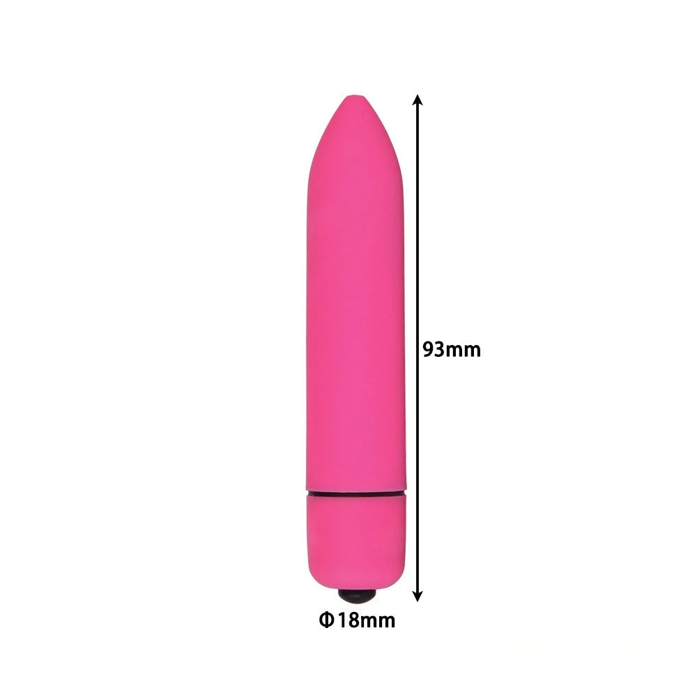 Pink bullet vibrator sex toy measuring 93mm length and 18mm diameter on white background