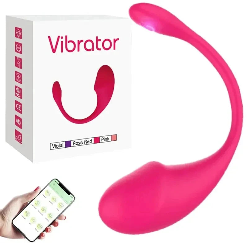 Pink wearable vibrator with remote control via smartphone app, shown with product packaging
