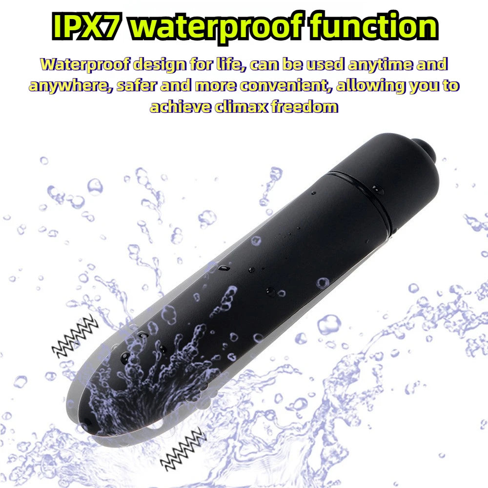 Black waterproof personal massager with IPX7 rating, shown with water splashes and vibration icons