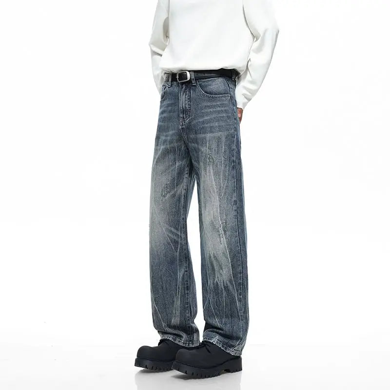 Men's Y2K Elastic Straight Leg Denim Pants - Korean Fashion Baggy High Street Jeans