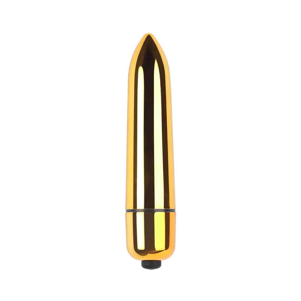 Sleek gold bullet vibrator with shiny metallic finish on white background