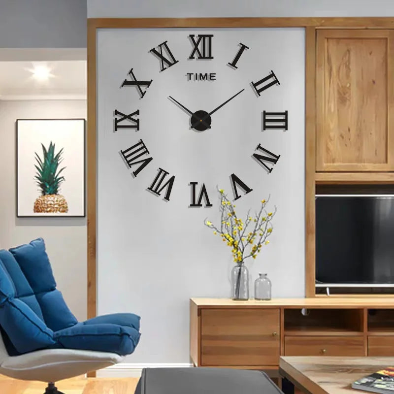 Roman Numeral 3D Mirror Wall Clock - Large DIY Quartz Clock for Living Room