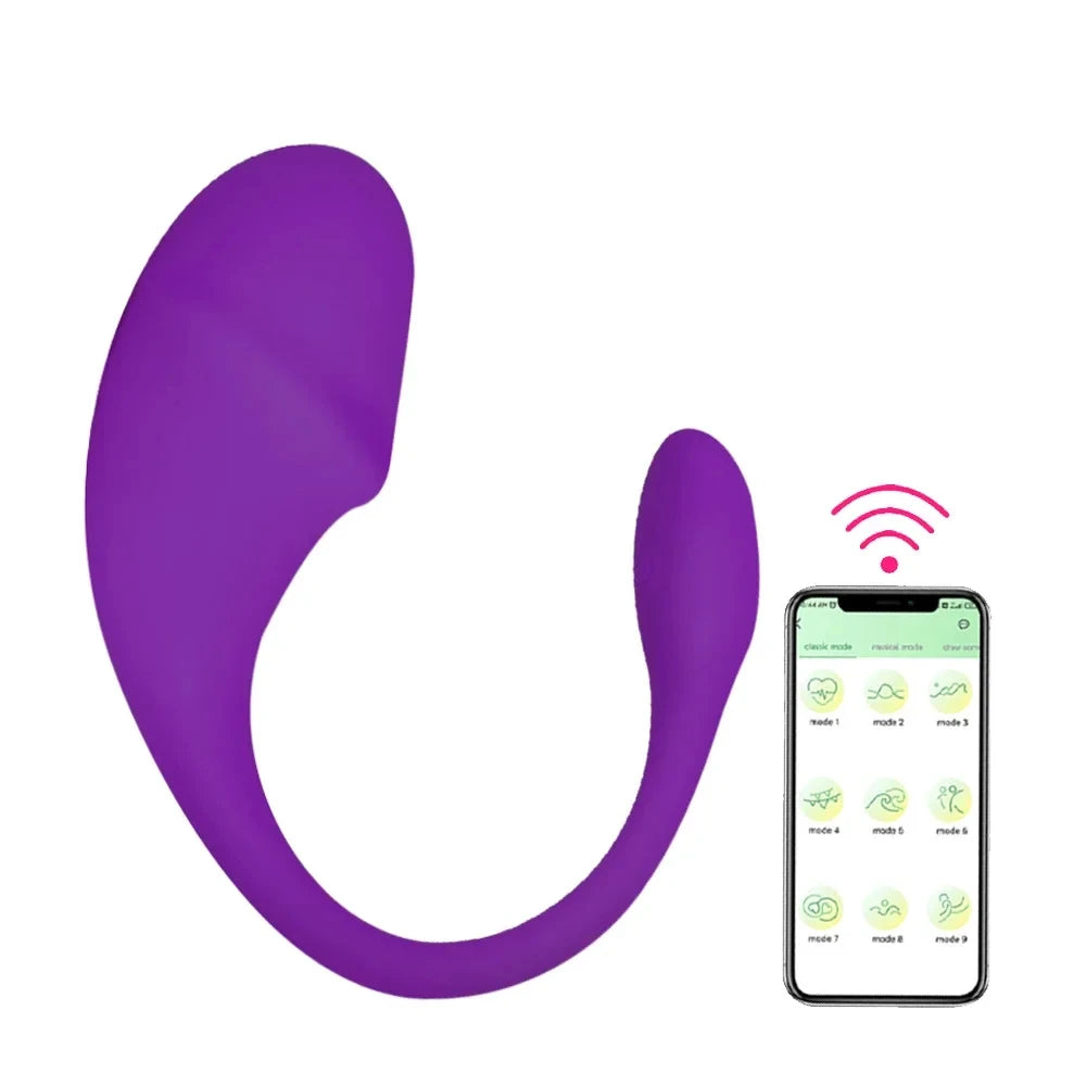Purple wearable vibrator with smartphone app control showing multiple vibration modes