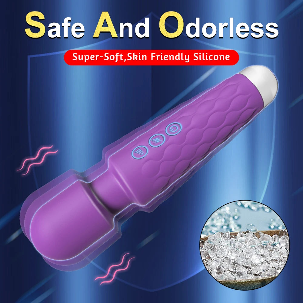 Purple silicone vibrator with textured grip and control buttons, labeled safe and odorless