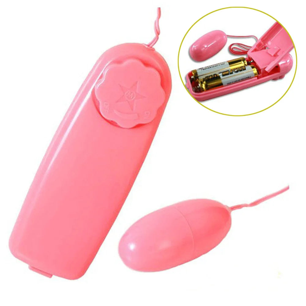Pink wired remote control with dial and connected egg-shaped vibrating massager, battery compartment shown