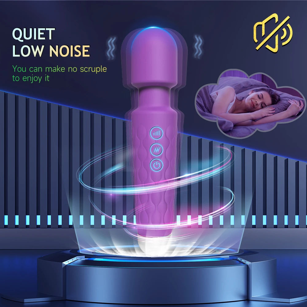 Purple handheld massager on futuristic platform highlighting quiet, low noise operation with sleeping woman