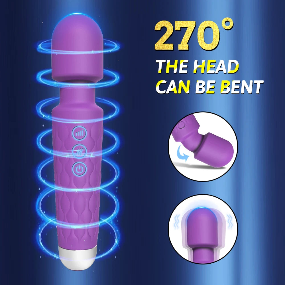 Purple handheld massager with 270-degree bendable head and vibration feature on blue background