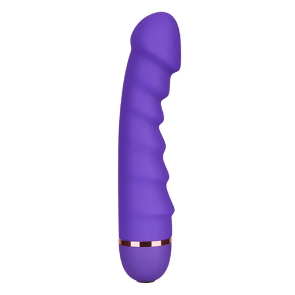Purple textured silicone vibrator with curved design and rose gold accent ring