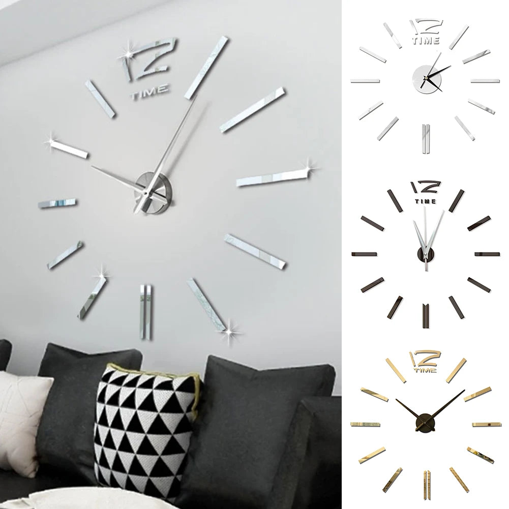 3D Wall Clock Decor Kit - Acrylic Mirror Frameless DIY Clock for Home & Office