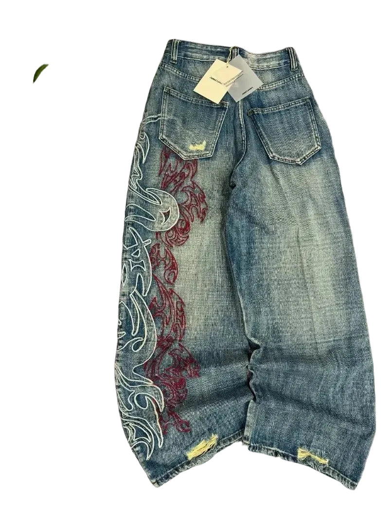 Y2K American Embroidery Baggy Jeans - High Street Hip Hop Wide Leg Pants for Men