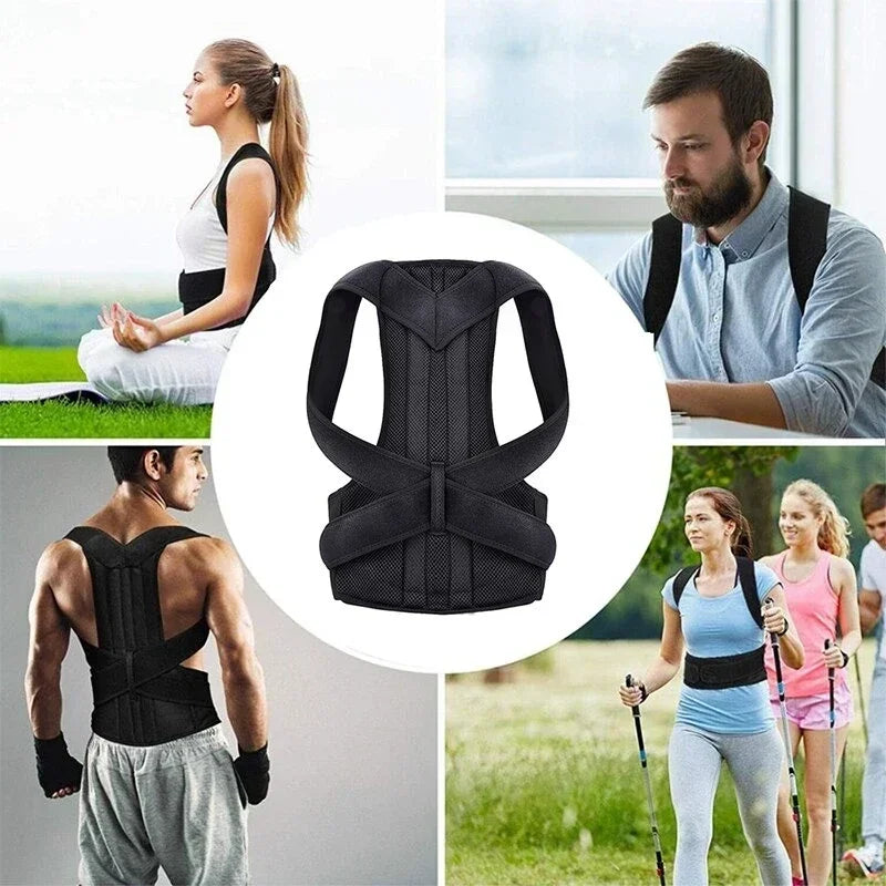 Black posture corrector brace shown on man and woman during activities like yoga, walking, and office work