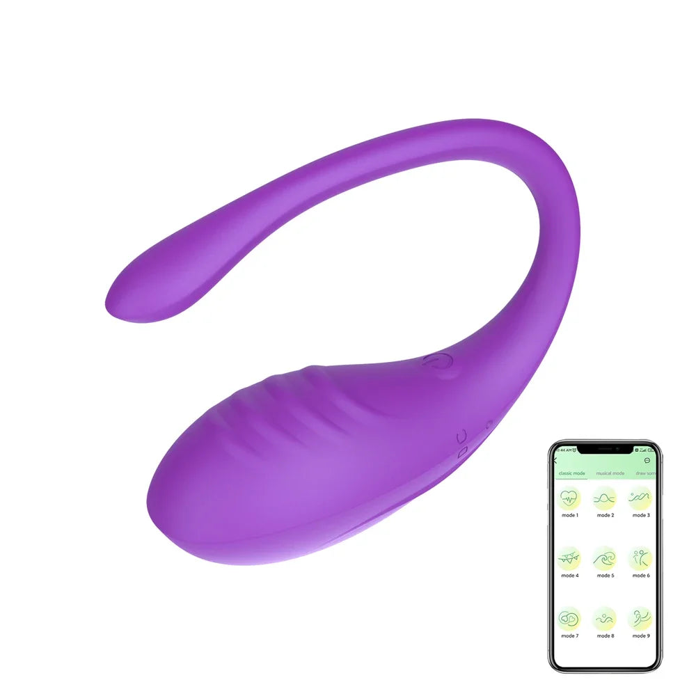 Purple wireless wearable vibrator with smartphone app showing nine vibration modes
