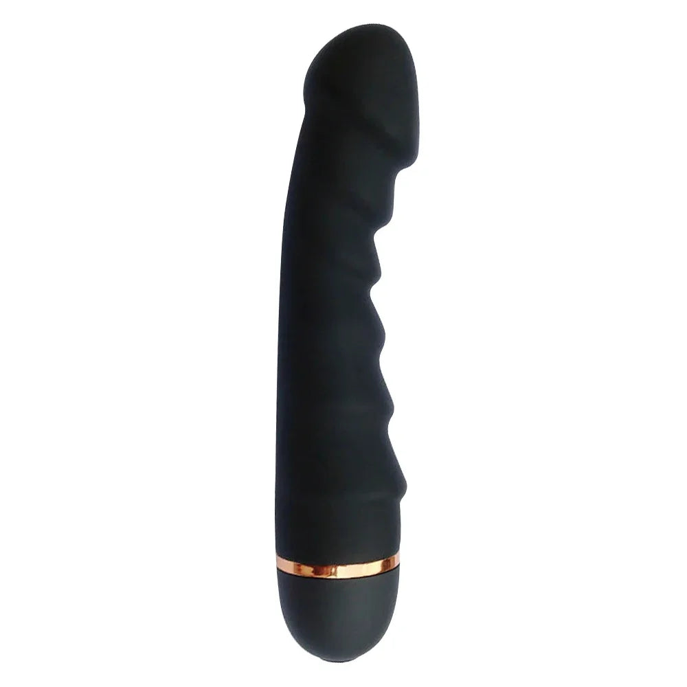 Black textured silicone vibrator with gold accent ring on white background