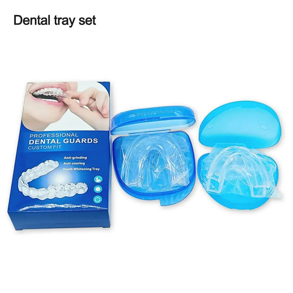 Professional dental guards set with custom fit trays in blue cases for anti-grinding and teeth whitening