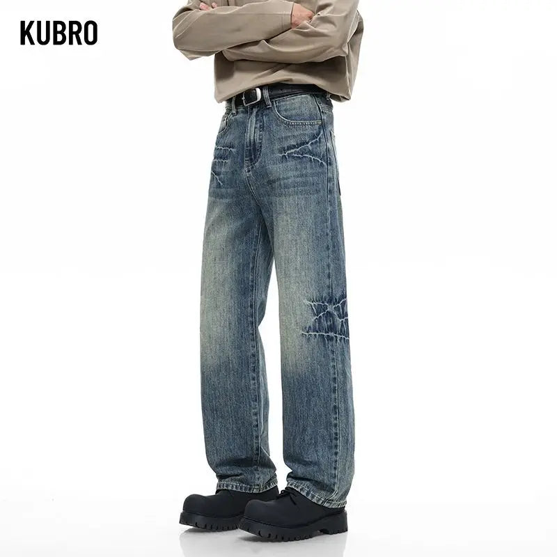 Men's Y2K Elastic Straight Leg Denim Pants - Korean Fashion Baggy High Street Jeans