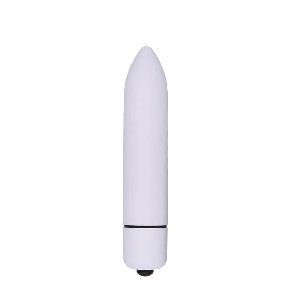 Compact white bullet vibrator with smooth texture and rounded tip against white background