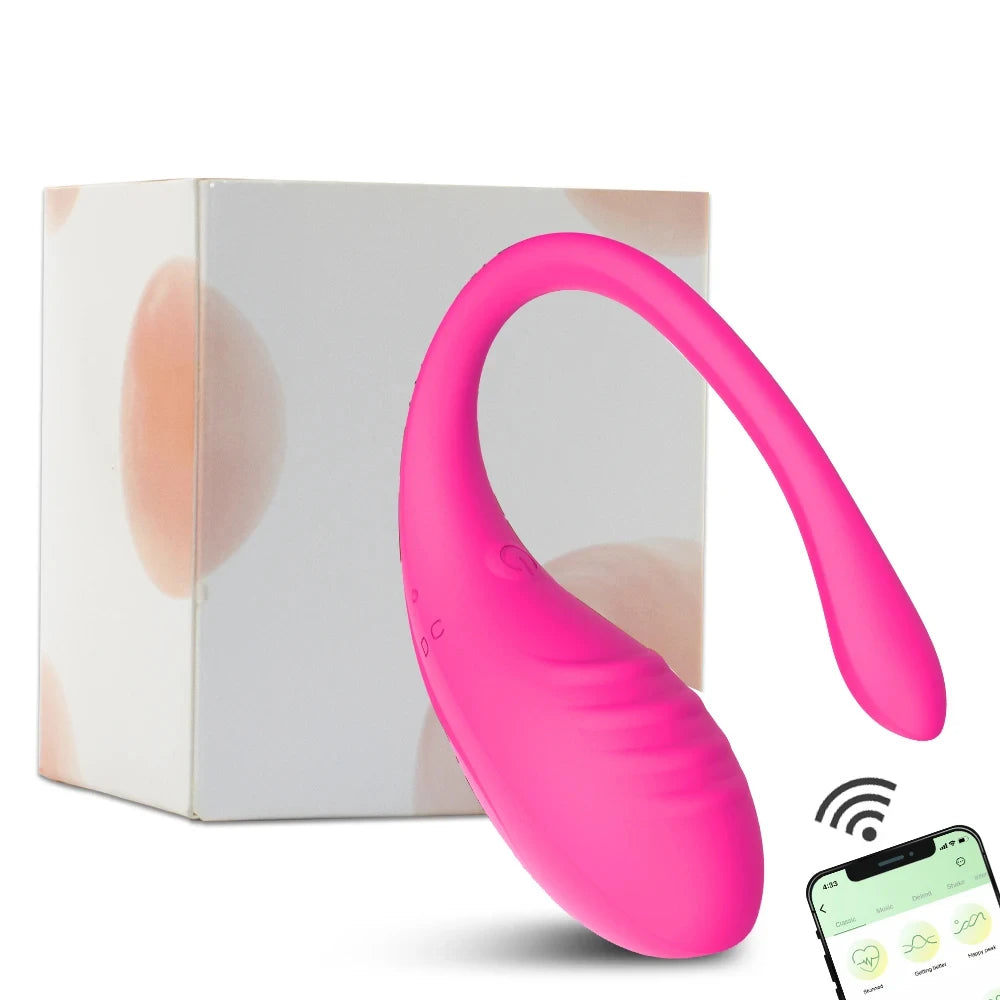 Pink wireless wearable vibrator with app control next to white packaging box with peach design