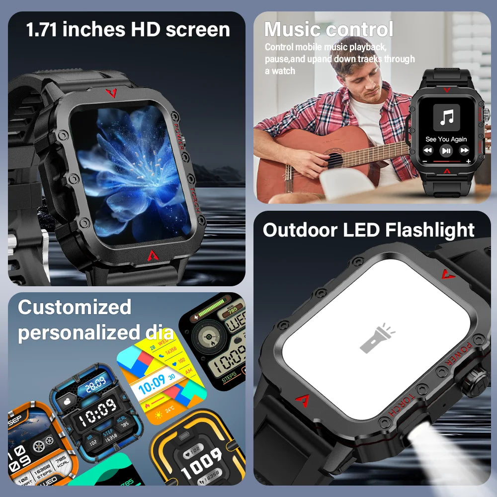 LAXASFIT Men's Smart Watch with LED Flashlight - Outdoor Sports Health Monitoring Smartwatch
