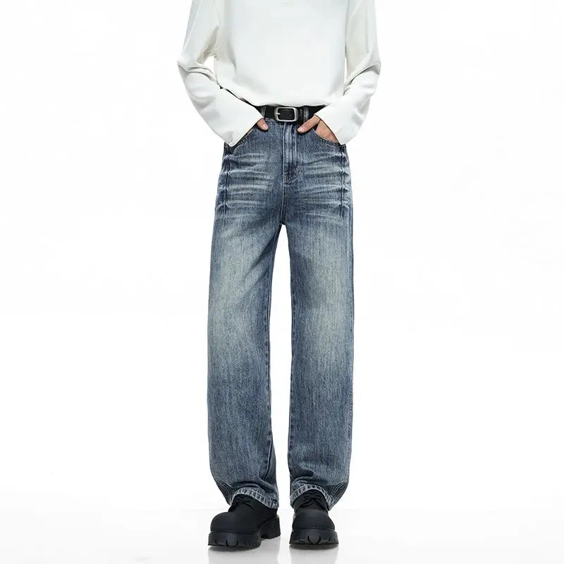 Men's Y2K Elastic Straight Leg Denim Pants - Korean Fashion Baggy High Street Jeans