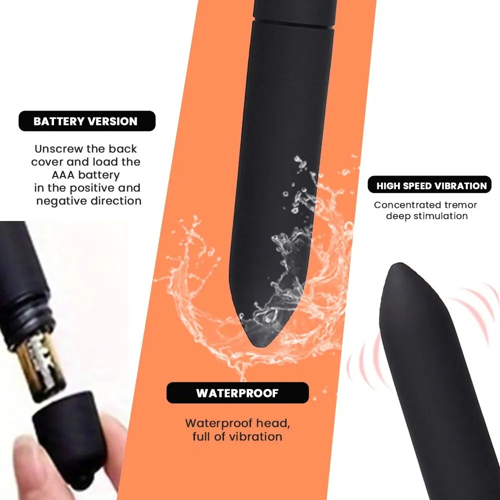 Black waterproof battery-operated vibrator with high speed vibration and AAA battery compartment