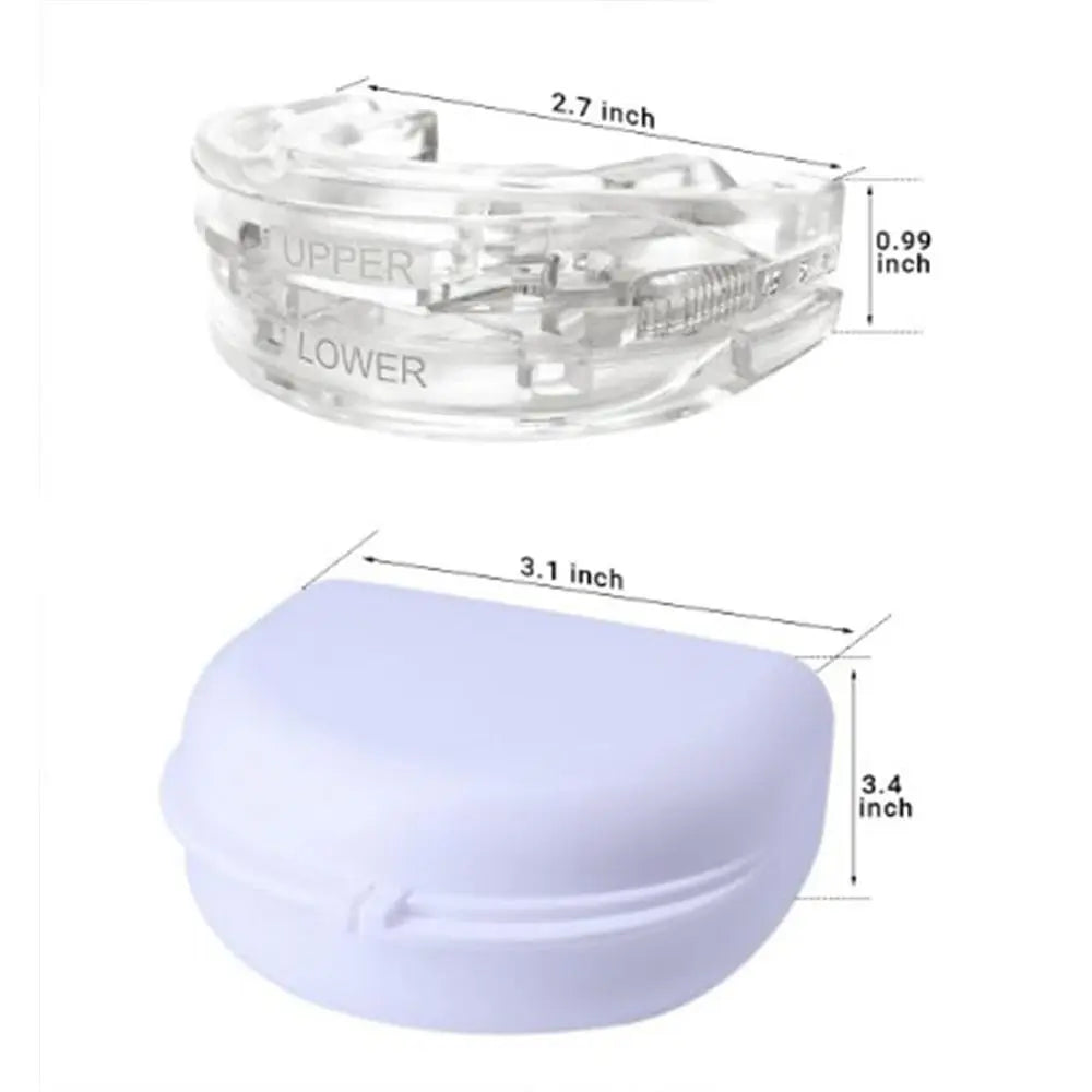 Clear adjustable dental mouth guard with labeled upper and lower parts and compact case dimensions