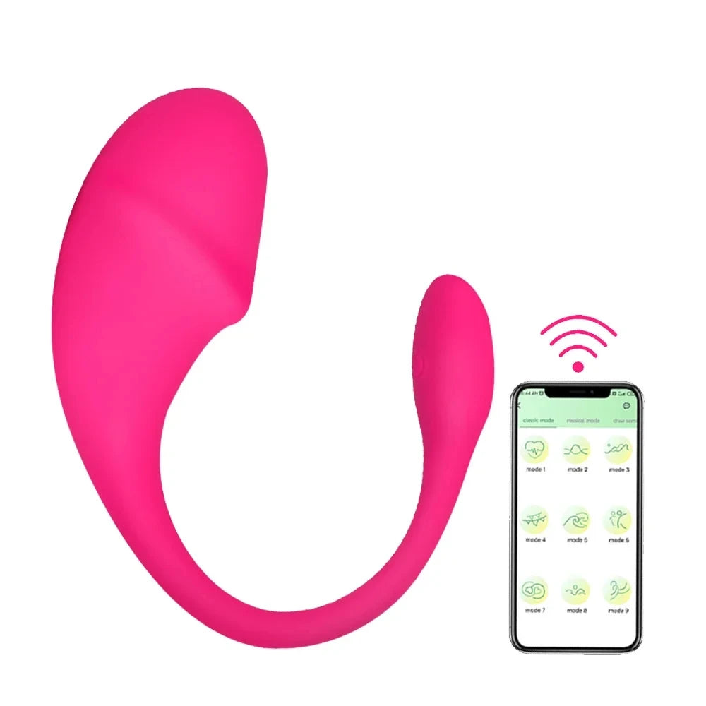 Pink wireless wearable vibrator with smartphone app control showing multiple vibration modes