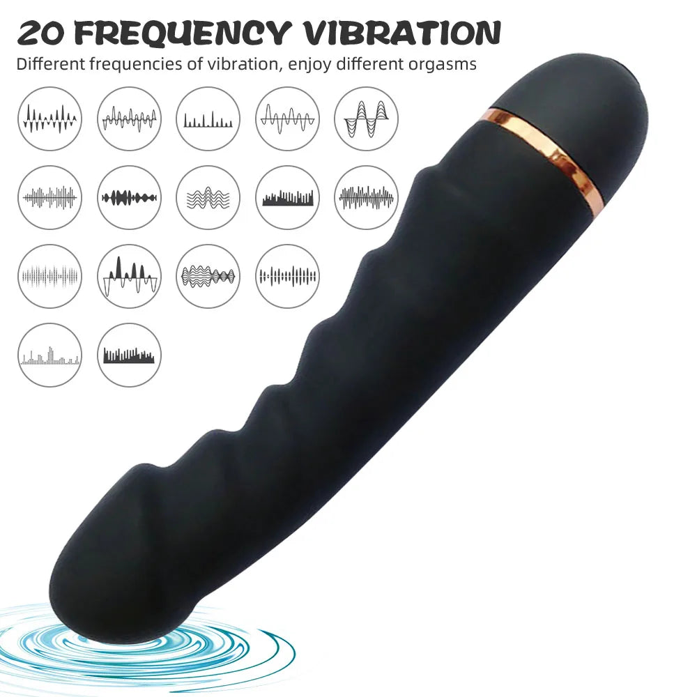Black textured vibrator with 20 frequency vibration modes displayed in waveform icons