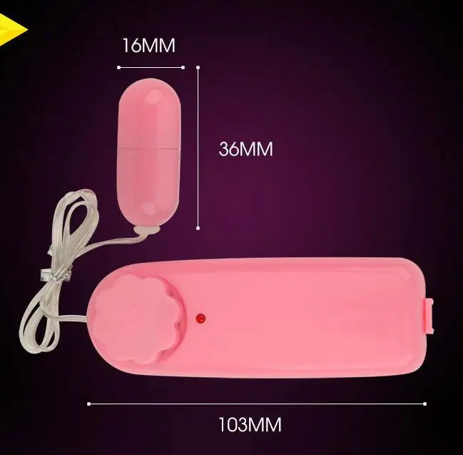 Pink wired remote control with attached pink bullet vibrator measuring 36mm by 16mm, remote 103mm long