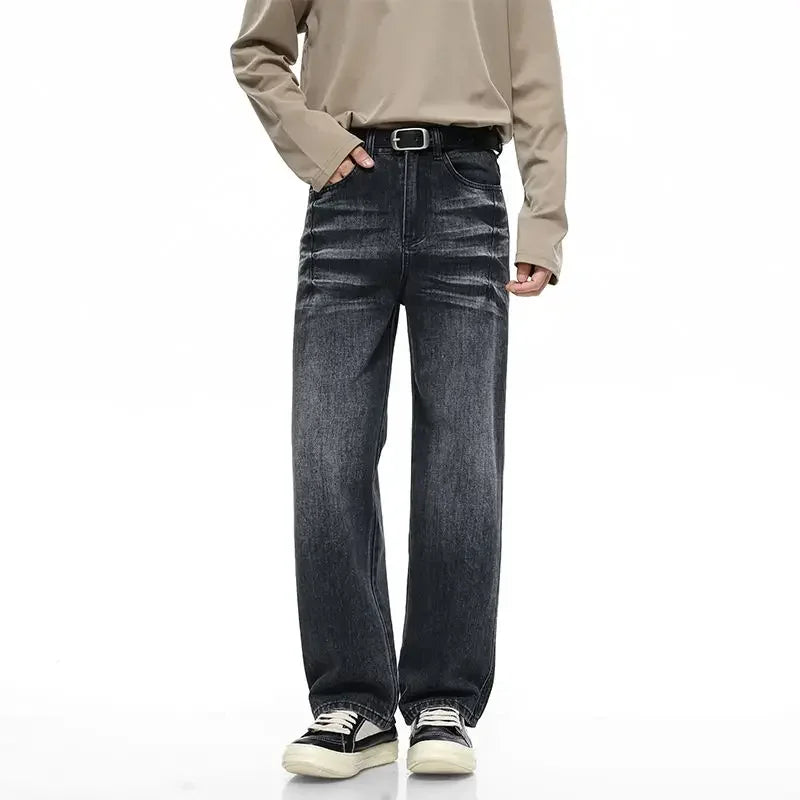 Men's Y2K Elastic Straight Leg Denim Pants - Korean Fashion Baggy High Street Jeans