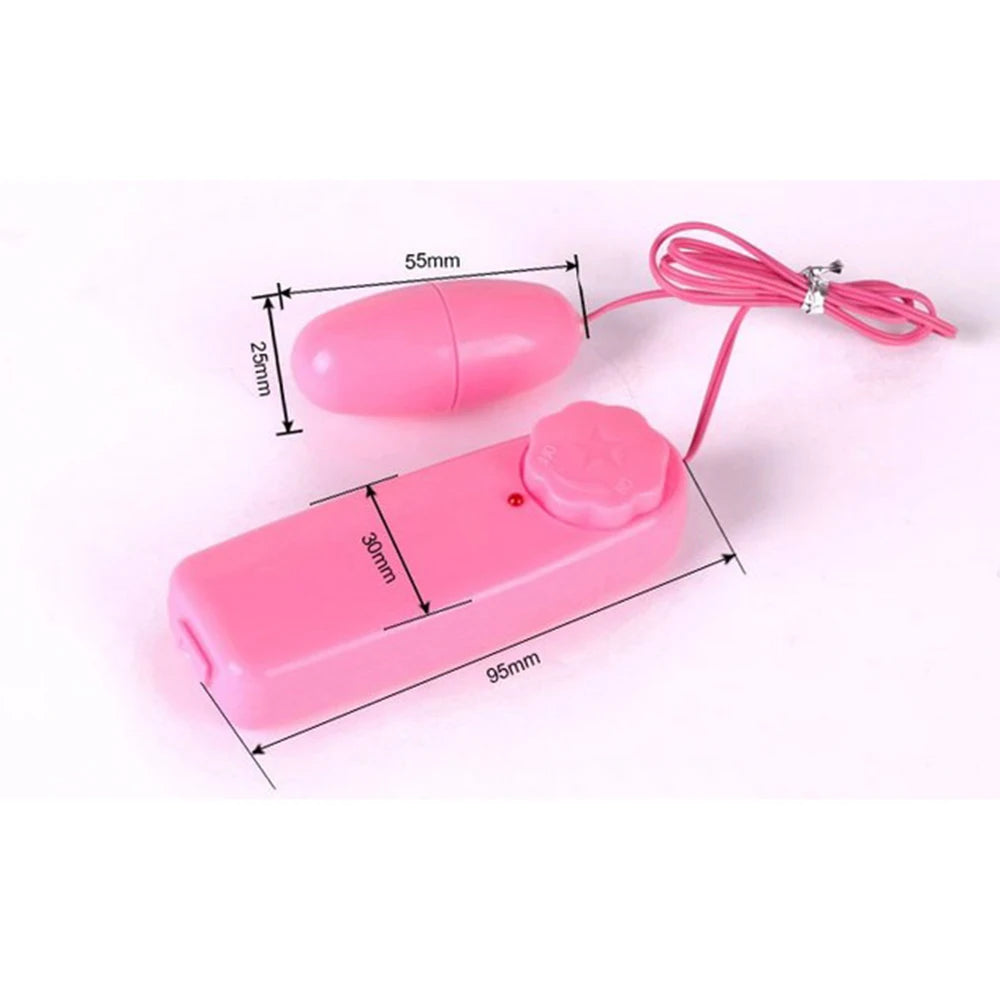Pink handheld remote control with connected egg-shaped vibrator and size dimensions