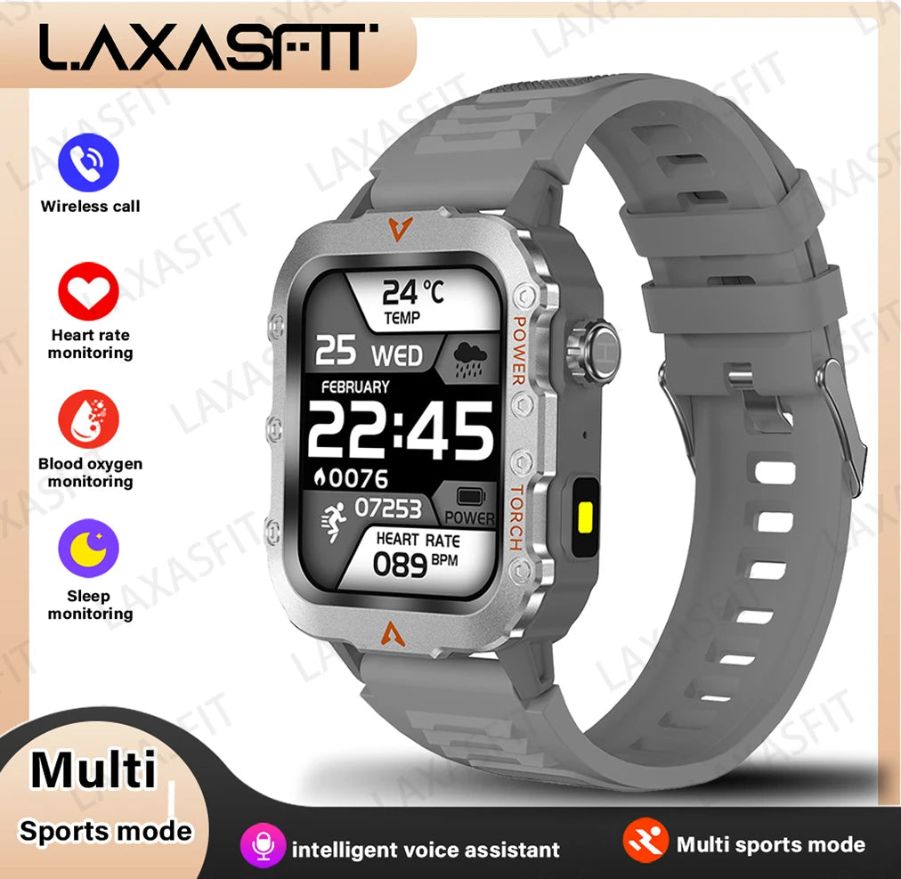 LAXASFIT Men's Smart Watch with LED Flashlight - Outdoor Sports Health Monitoring Smartwatch