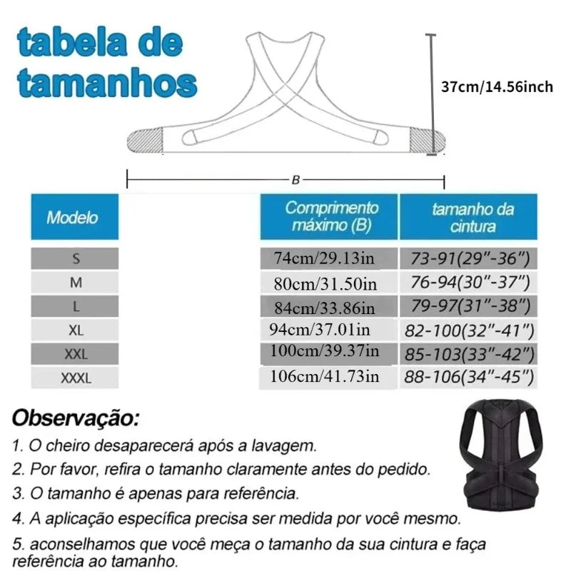 Size chart for posture corrector back brace with waist measurements from S to XXXL in cm and inches