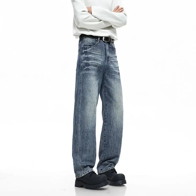 Men's Y2K Elastic Straight Leg Denim Pants - Korean Fashion Baggy High Street Jeans
