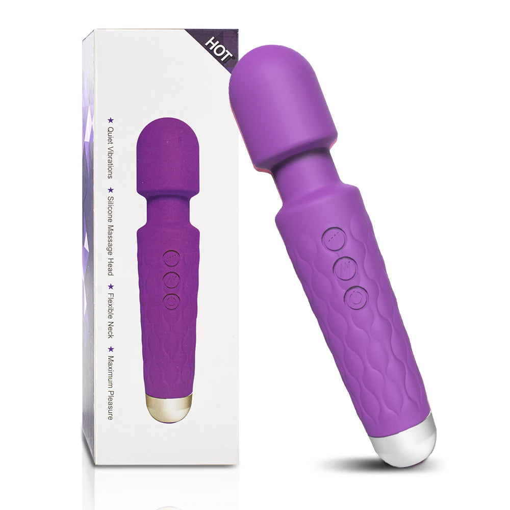 Purple silicone massage wand with flexible neck and control buttons next to its white packaging box